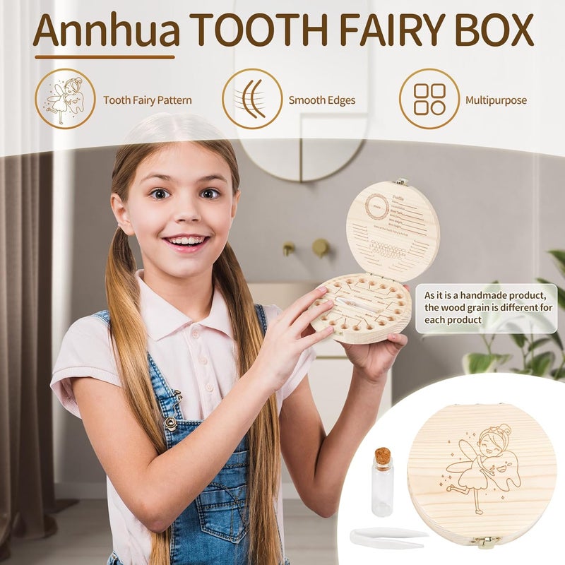 Annhua صندوق تذكار الأسنان الخشبي لحافظة الأسنان من جنية الأسنان، صندوق تذكار أسنان الأطفال اللطيف مع ملقط وحاوية شعر الجنين، صندوق جنية الأسنان للأسنان الأمامية|الأنياب|الأضراس|الحبل السري - Image 3